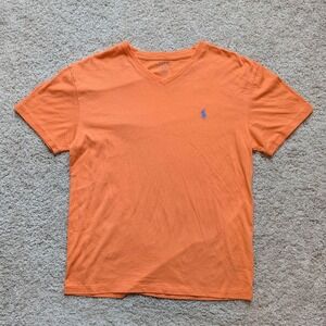 Polo Ralph Lauren V-Neck T-Shirt Mens Small Orange Blue Pony Logo 100% Cotton